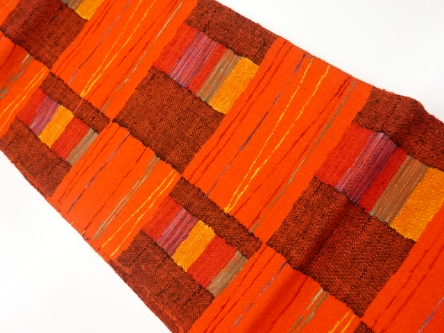 リサイクル　手織り真綿紬色紙に横段模様織出し名古屋帯